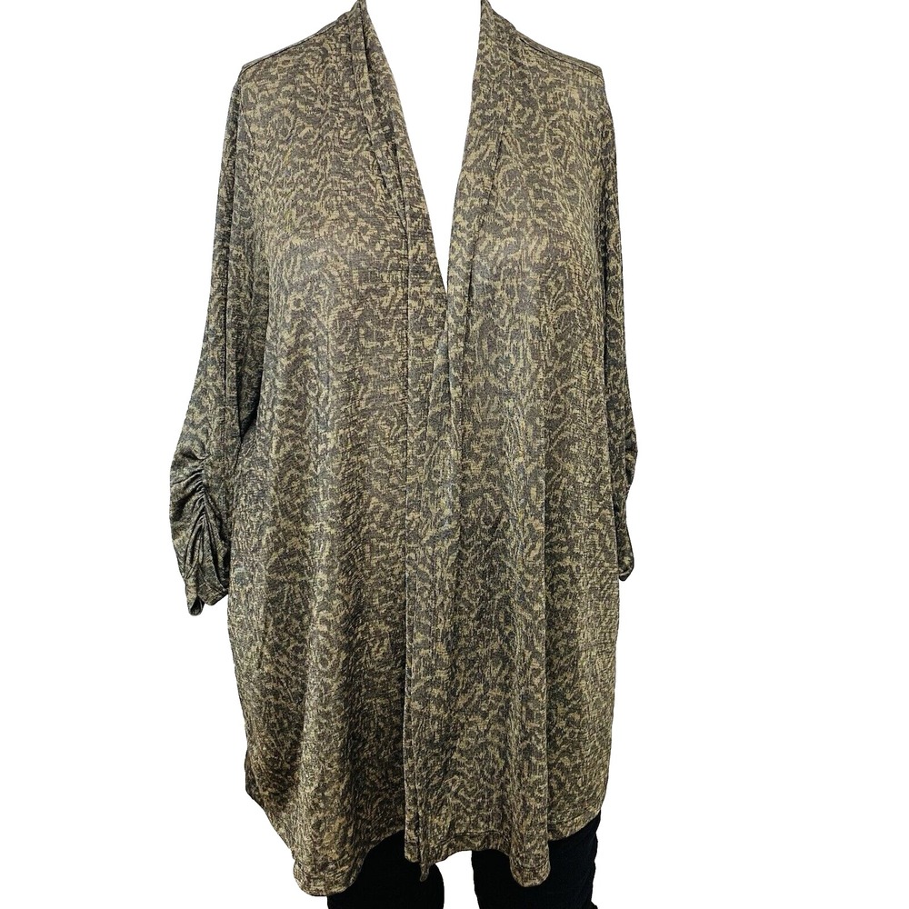 Susan Graver  Open Cardigan 3X Olive Gold Metallic Abstract Print Ruched Sleeve